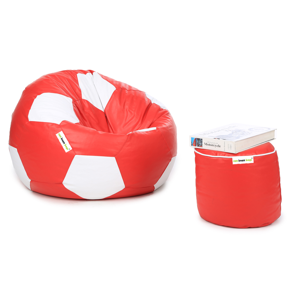 Orka Classic XXL Foorball With Mathching Footstool Filled Bean Bag With Beans (Red, White)